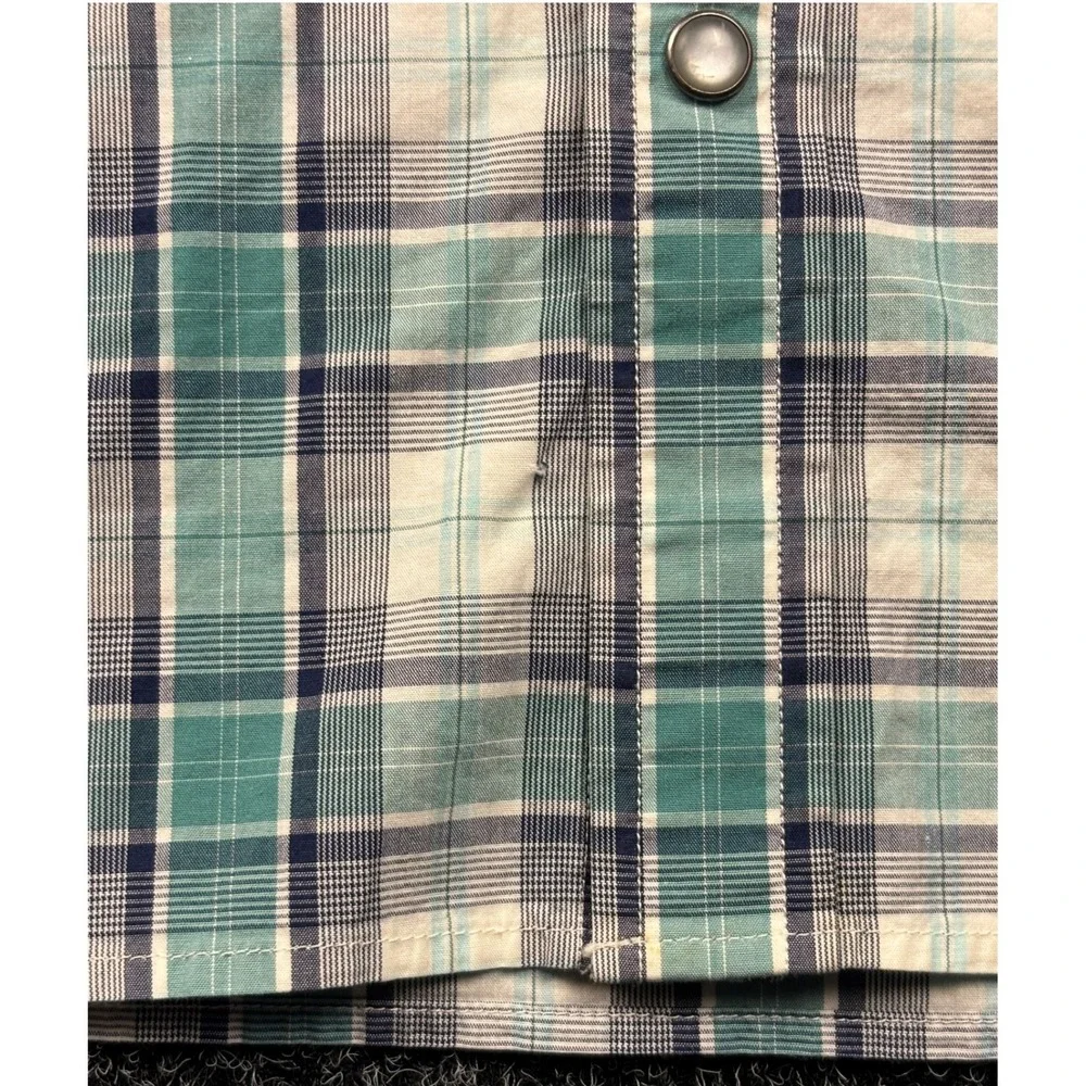 Banana Republic Mens‎ Slim Fit Western Plaid Snap Shirt Teal Green Large 932775